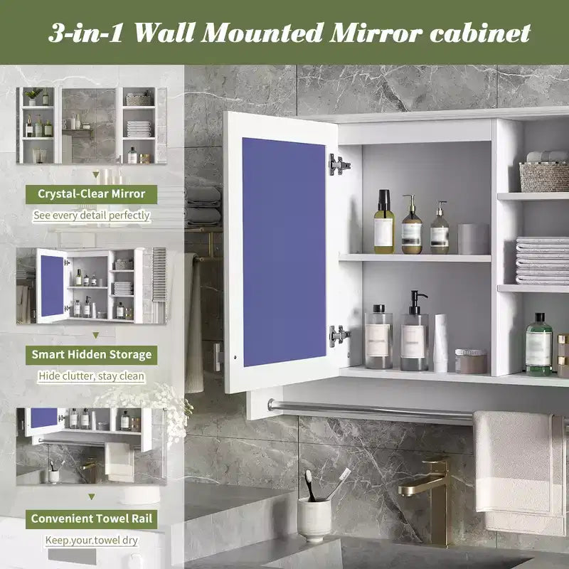 Armoire à pharmacie murale de salle de bain avec porte miroir et barre porte-serviettes