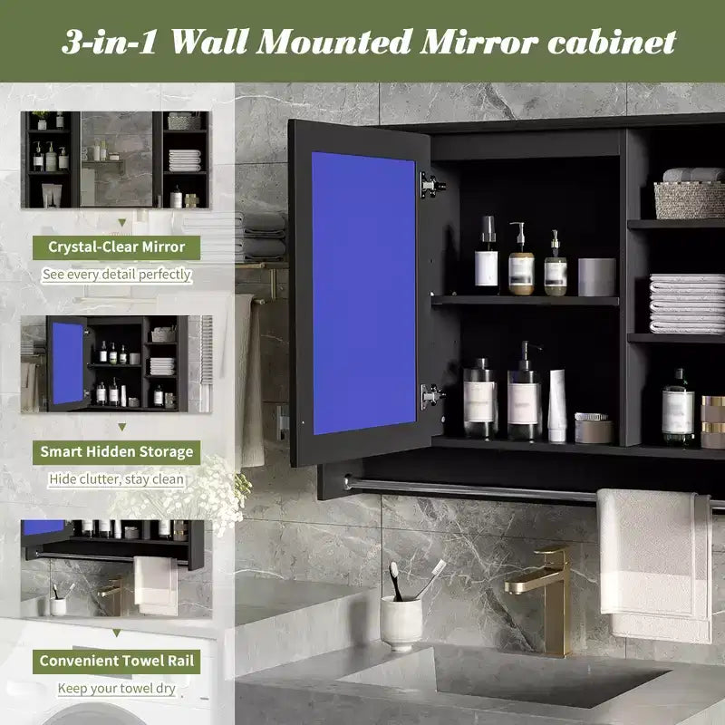 Armoire à pharmacie murale de salle de bain avec porte miroir et barre porte-serviettes