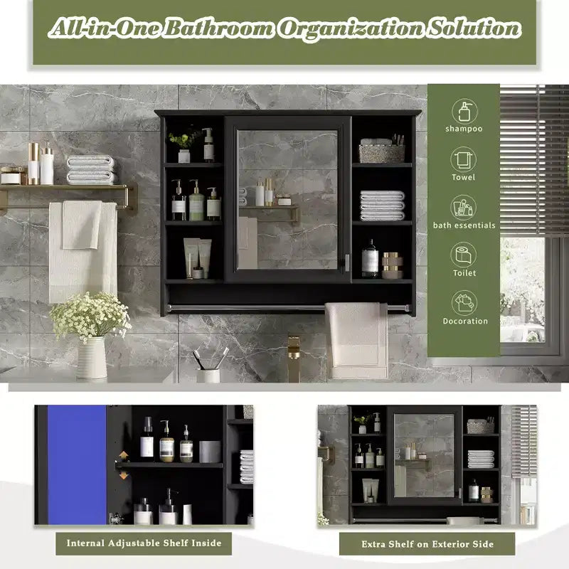 Armoire à pharmacie murale de salle de bain avec porte miroir et barre porte-serviettes
