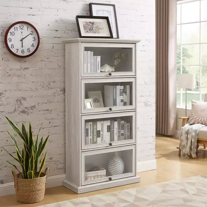 Vitrine en verre à 4 niveaux, armoire de curiosités en MDF blanc + verre trempé