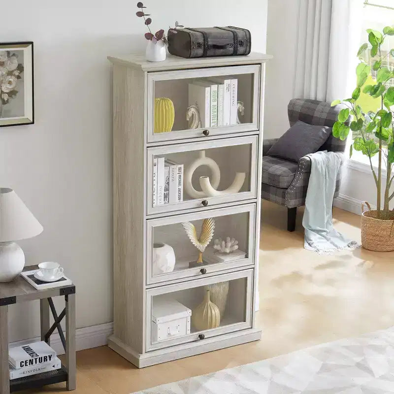 Vitrine en verre à 4 niveaux, armoire de curiosités en MDF blanc + verre trempé