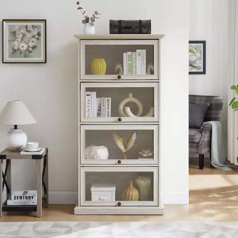Vitrine en verre à 4 niveaux, armoire de curiosités en MDF blanc + verre trempé
