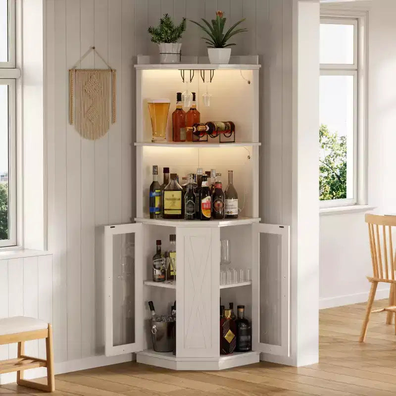 Meuble Bar d'Angle avec Porte-Verres, Meuble à Vins de Ferme de 170 cm de Haut