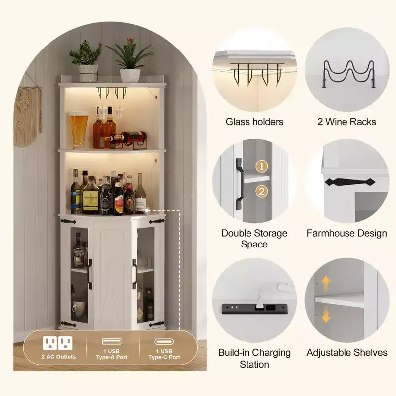 Meuble Bar d'Angle avec Porte-Verres, Meuble à Vins de Ferme de 170 cm de Haut
