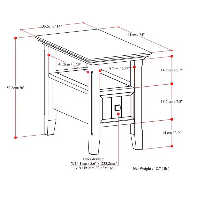 Table d'appoint étroite en bois massif de 14 pouces de large avec tiroir
