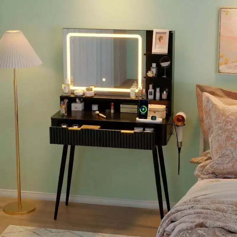 31.5 LED Vanity Desk with Mirror &amp; 3-Color Lighting - Dressing Table with Power Outlet &amp; 2 Drawers for Bedroom