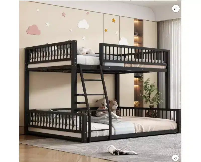 Bellemave Twin XL over Queen Floor Bunk Bed Frame with Ladder and Safety Guardrails,Metal Floor Bunk Bed with Detachable Design,Easy Assemble, Black