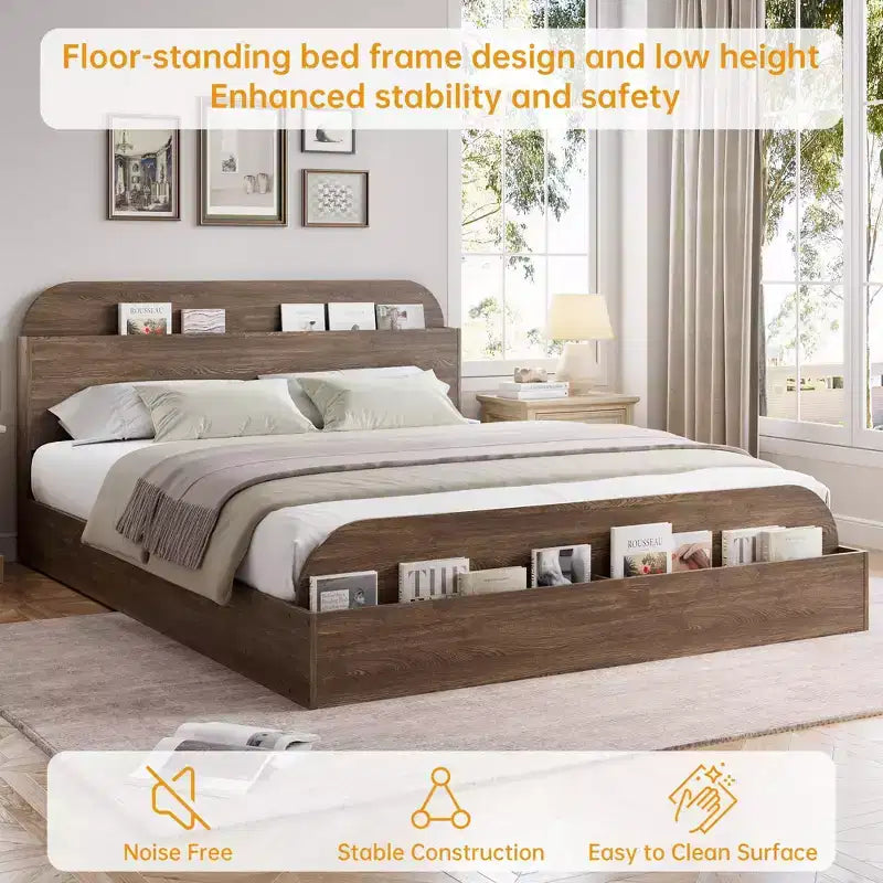 Cadre de lit en bois avec tête de lit de rangement Lit bas pour petit