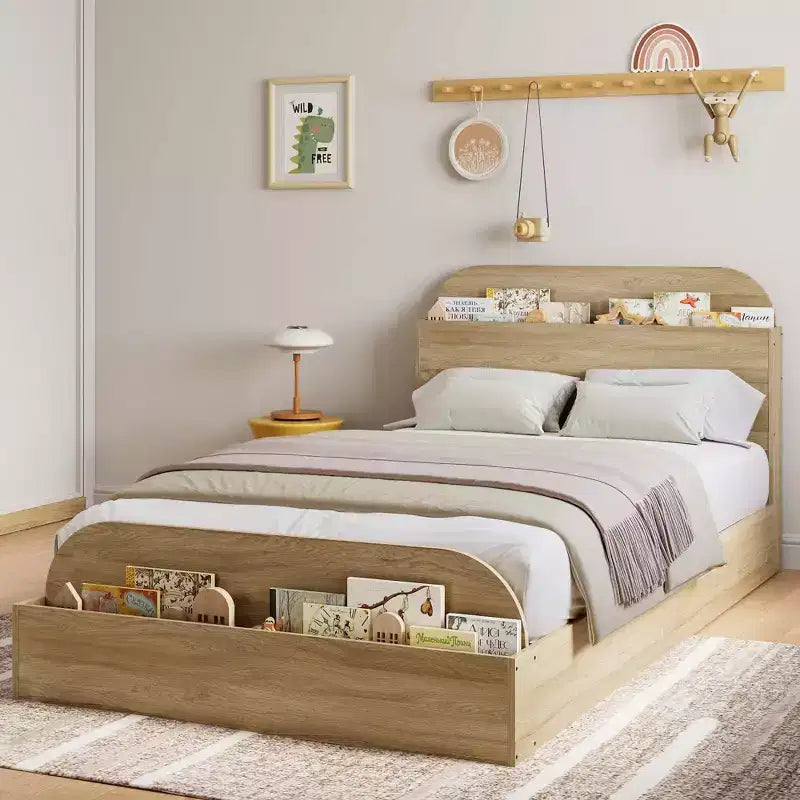 Cadre de lit en bois avec tête de lit de rangement Lit bas pour petit