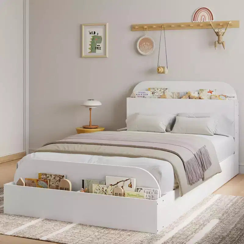 Cadre de lit en bois avec tête de lit de rangement Lit bas pour petit