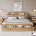 Wooden Bed Frame with Storage Headboard - Low Platform Bed for Little with Raised Footboard, Sturdy Wood Slats (No Box Spring Needed)