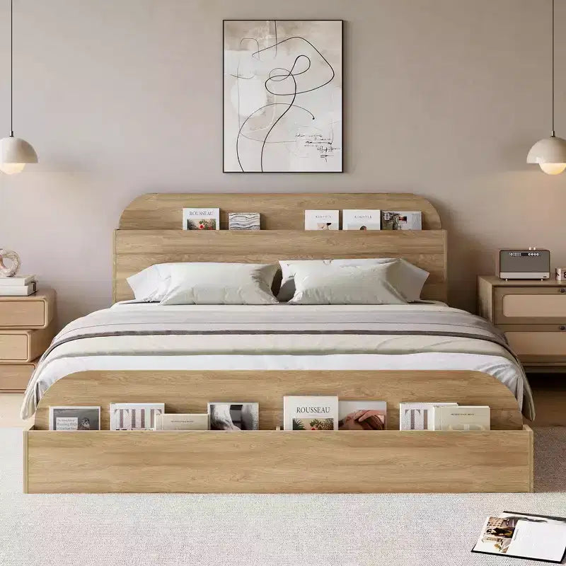 Wooden Bed Frame with Storage Headboard - Low Platform Bed for Little with Raised Footboard, Sturdy Wood Slats (No Box Spring Needed)