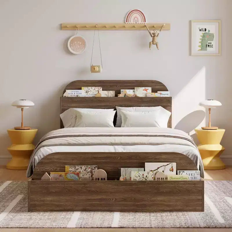Cadre de lit en bois avec tête de lit de rangement Lit bas pour petit