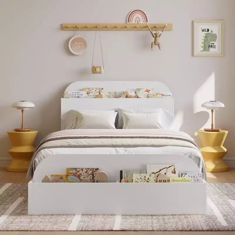 Cadre de lit en bois avec tête de lit de rangement Lit bas pour petit