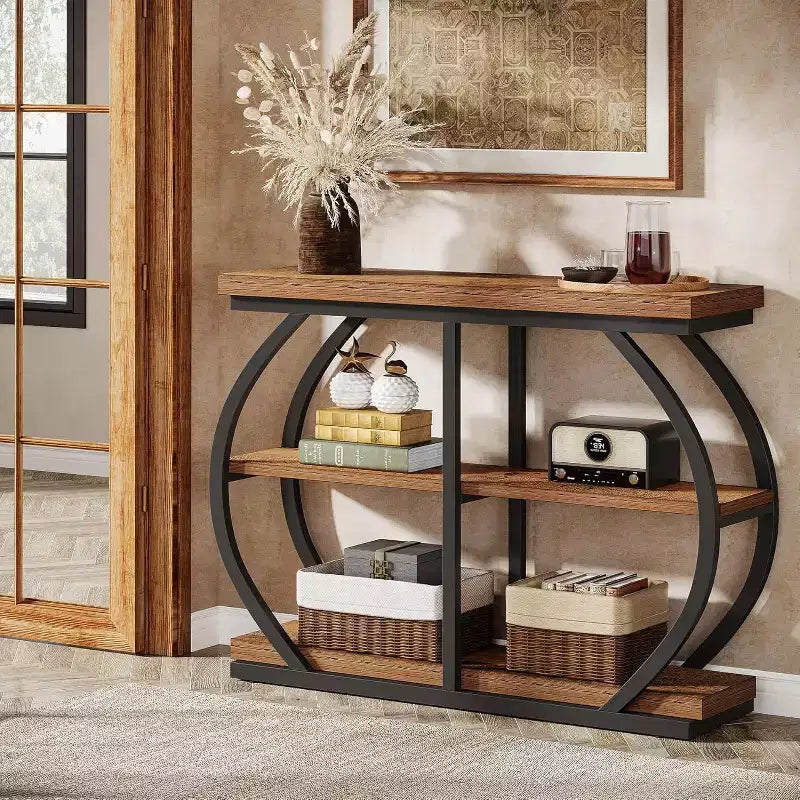 Lantine 41.3 Industrial Console Table with 3-Tier, Arched Metal Frame and Storage Shelves, Mix Brown, suitable for Living Room, Hallway.