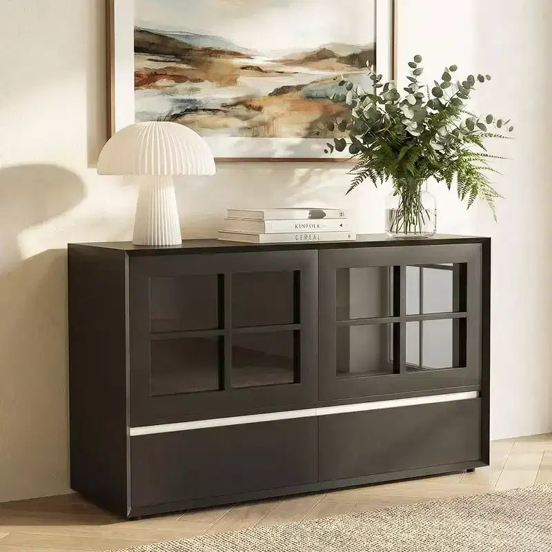 47.04 Modern Sideboard with Shatterproof Acrylic Doors - 2-Drawer Storage Cabinet with Adjustable Shelves - Matte Black Gaoyangjiaju