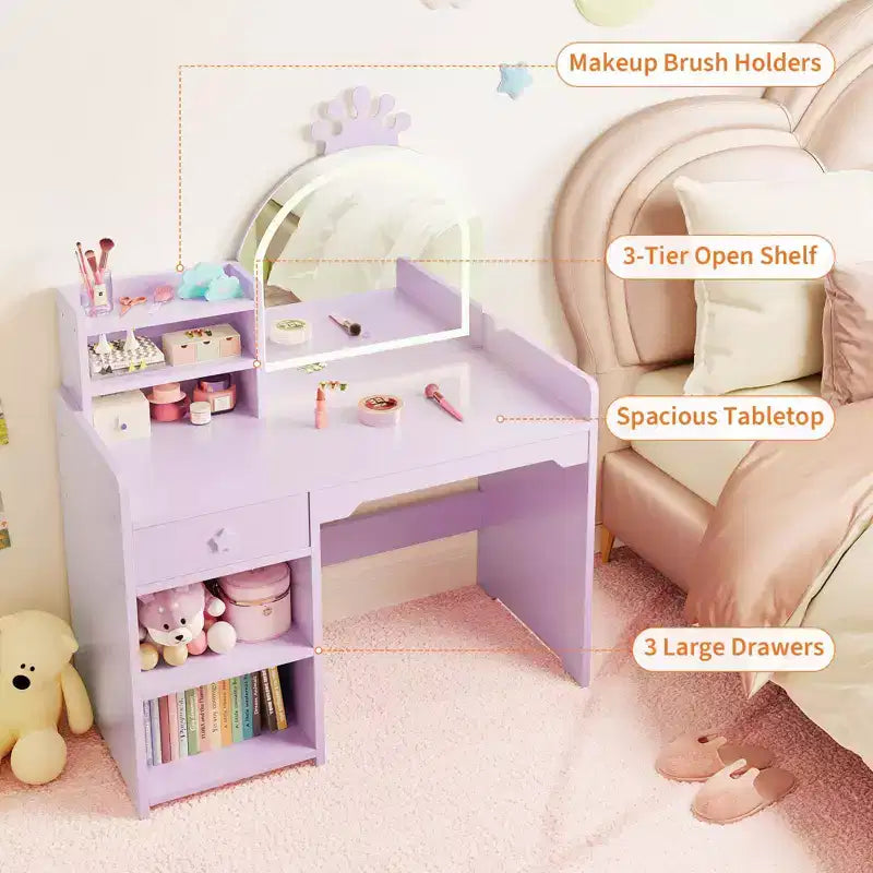 Coiffeuse enfant avec miroir lumineux, Coiffeuse de princesse, Table et chaise de coiffeuse pour tout-petits