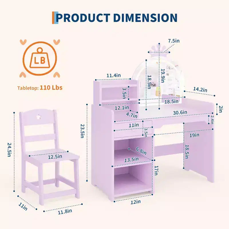 Coiffeuse enfant avec miroir lumineux, Coiffeuse de princesse, Table et chaise de coiffeuse pour tout-petits