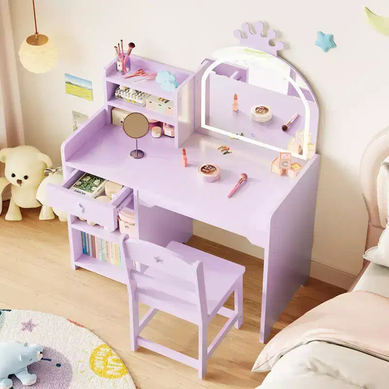 Coiffeuse enfant avec miroir lumineux, Coiffeuse de princesse, Table et chaise de coiffeuse pour tout-petits