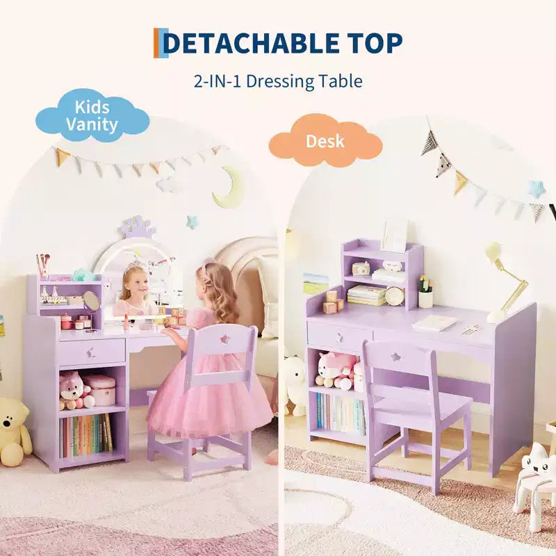 Coiffeuse enfant avec miroir lumineux, Coiffeuse de princesse, Table et chaise de coiffeuse pour tout-petits