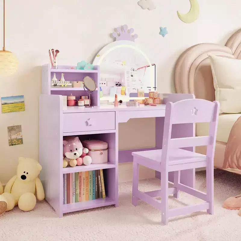Coiffeuse enfant avec miroir lumineux, Coiffeuse de princesse, Table et chaise de coiffeuse pour tout-petits