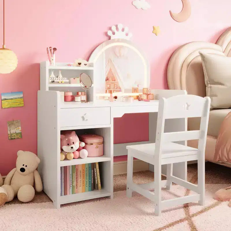 Coiffeuse enfant avec miroir lumineux, Coiffeuse de princesse, Table et chaise de coiffeuse pour tout-petits