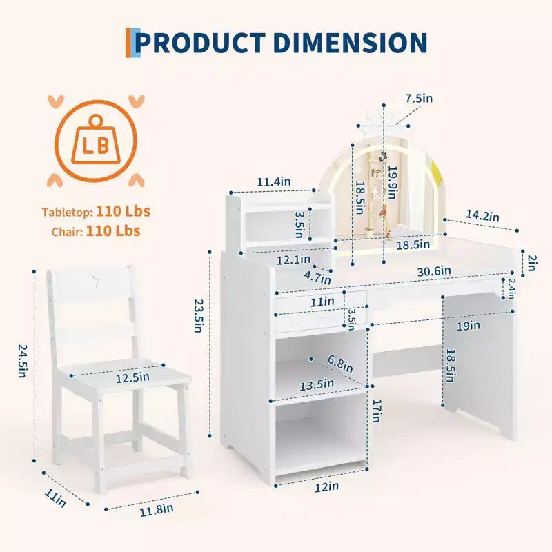 Coiffeuse enfant avec miroir lumineux, Coiffeuse de princesse, Table et chaise de coiffeuse pour tout-petits