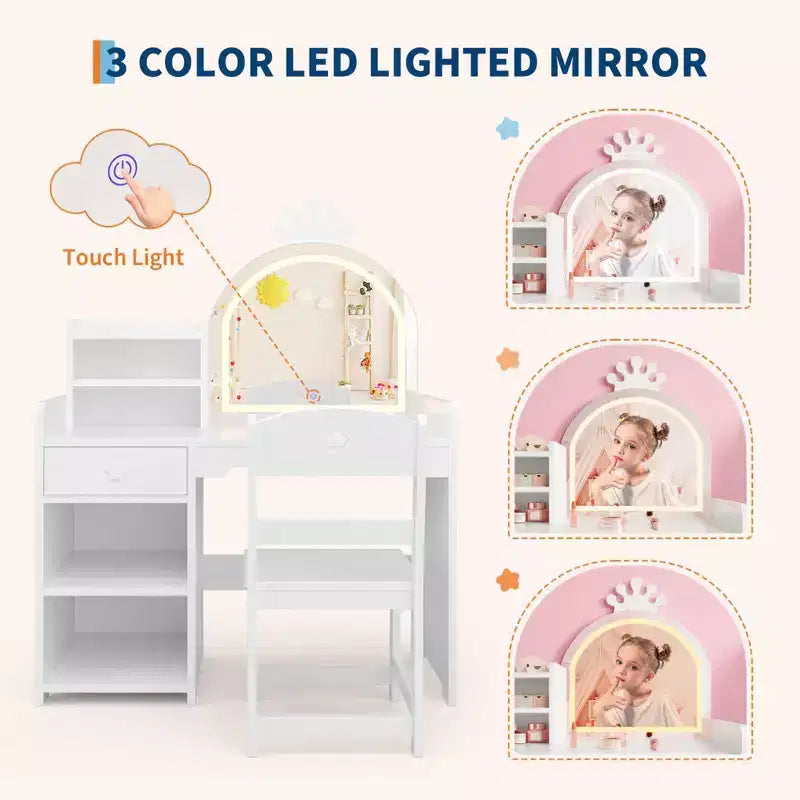 Coiffeuse enfant avec miroir lumineux, Coiffeuse de princesse, Table et chaise de coiffeuse pour tout-petits