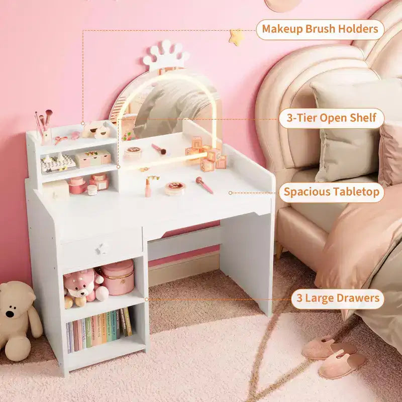 Coiffeuse enfant avec miroir lumineux, Coiffeuse de princesse, Table et chaise de coiffeuse pour tout-petits