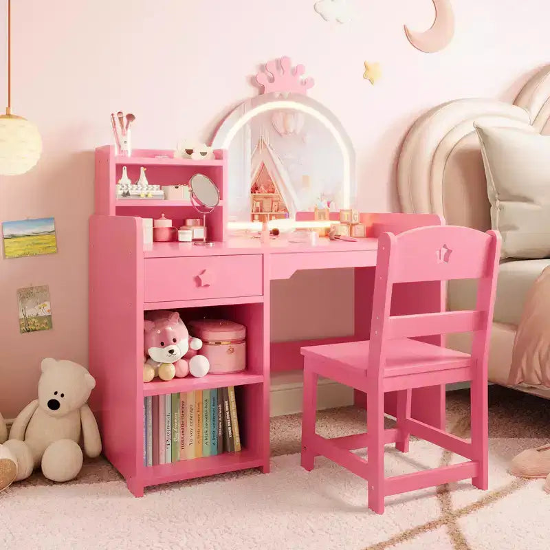 Coiffeuse enfant avec miroir lumineux, Coiffeuse de princesse, Table et chaise de coiffeuse pour tout-petits
