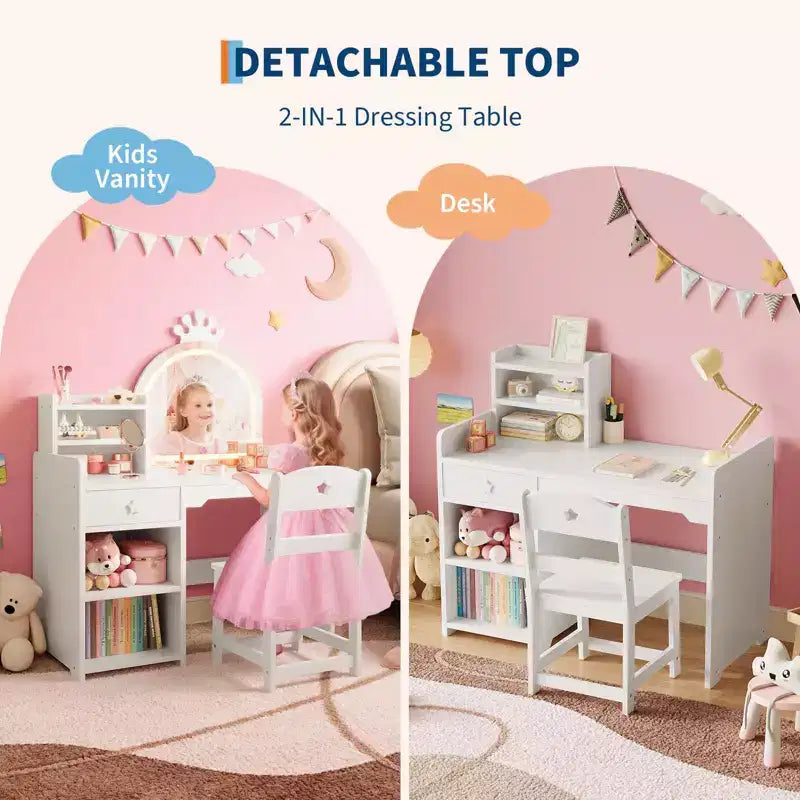 Coiffeuse enfant avec miroir lumineux, Coiffeuse de princesse, Table et chaise de coiffeuse pour tout-petits