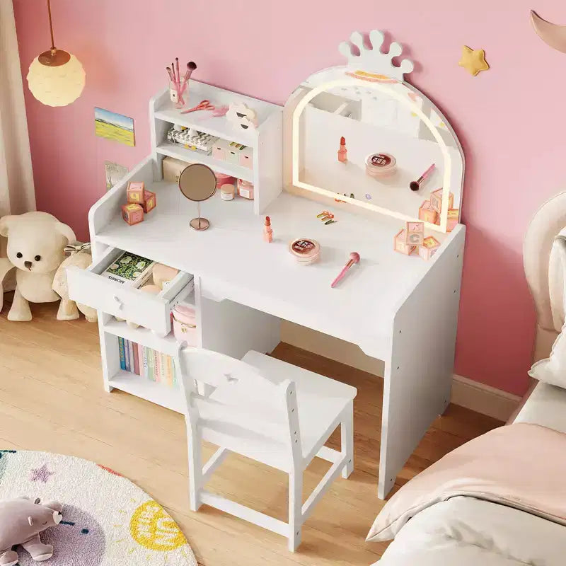 Coiffeuse enfant avec miroir lumineux, Coiffeuse de princesse, Table et chaise de coiffeuse pour tout-petits