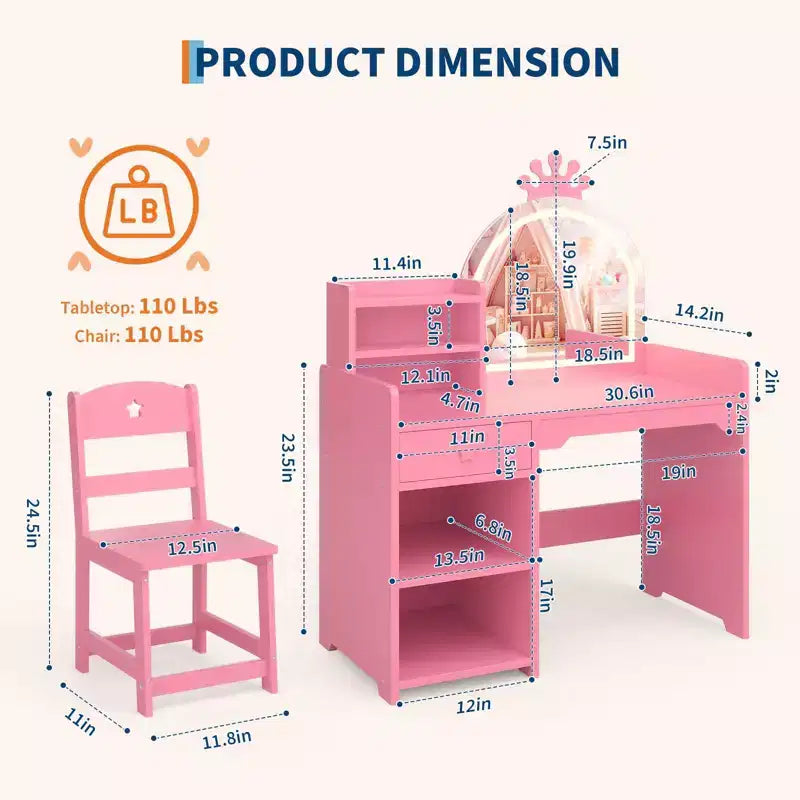 Coiffeuse enfant avec miroir lumineux, Coiffeuse de princesse, Table et chaise de coiffeuse pour tout-petits