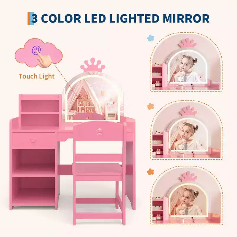 Coiffeuse enfant avec miroir lumineux, Coiffeuse de princesse, Table et chaise de coiffeuse pour tout-petits