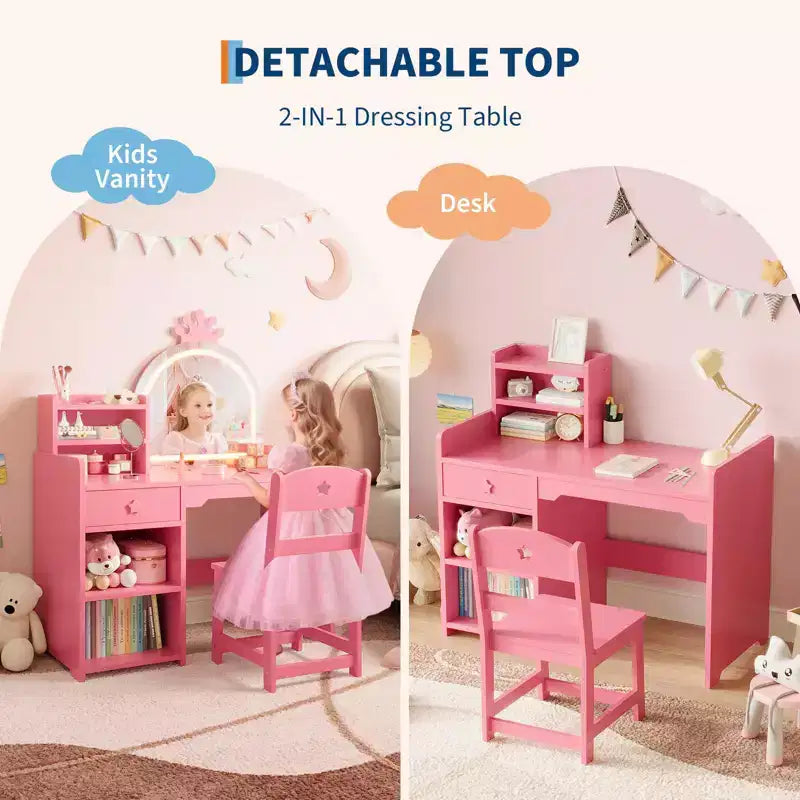Coiffeuse enfant avec miroir lumineux, Coiffeuse de princesse, Table et chaise de coiffeuse pour tout-petits