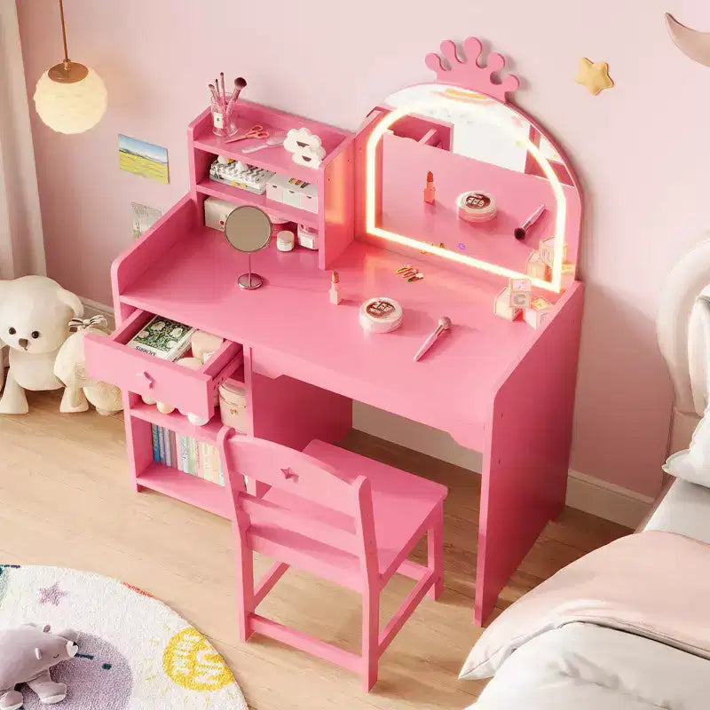 Coiffeuse enfant avec miroir lumineux, Coiffeuse de princesse, Table et chaise de coiffeuse pour tout-petits