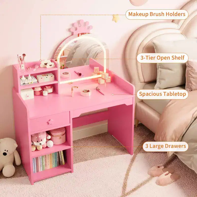 Coiffeuse enfant avec miroir lumineux, Coiffeuse de princesse, Table et chaise de coiffeuse pour tout-petits