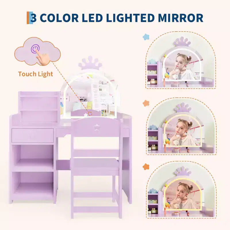 Coiffeuse enfant avec miroir lumineux, Coiffeuse de princesse, Table et chaise de coiffeuse pour tout-petits