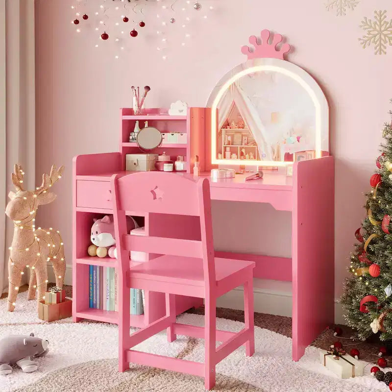 Kids Vanity with Lighted Mirror, 2 in 1 Princess Vanity Set Toddler Vanity Table &amp; Chair Set with Open Bookshelf, Storage Cabinet &amp; Shelves for Girls
