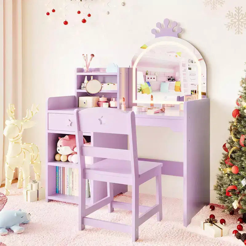 Coiffeuse enfant avec miroir lumineux, Coiffeuse de princesse, Table et chaise de coiffeuse pour tout-petits