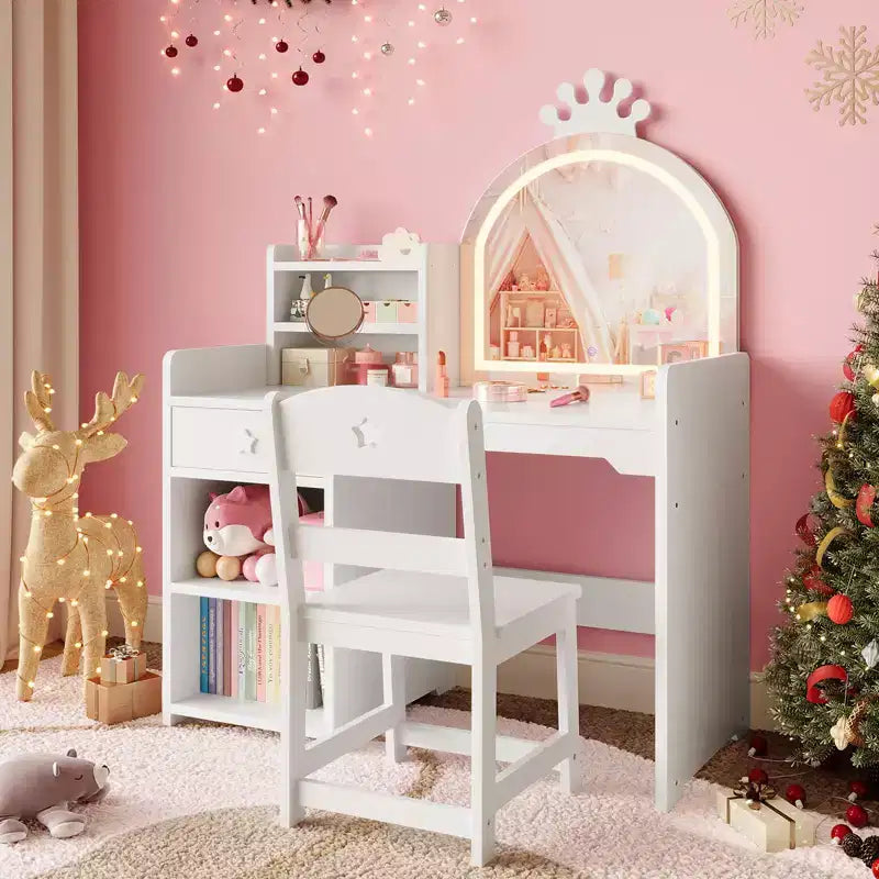 Coiffeuse enfant avec miroir lumineux, Coiffeuse de princesse, Table et chaise de coiffeuse pour tout-petits