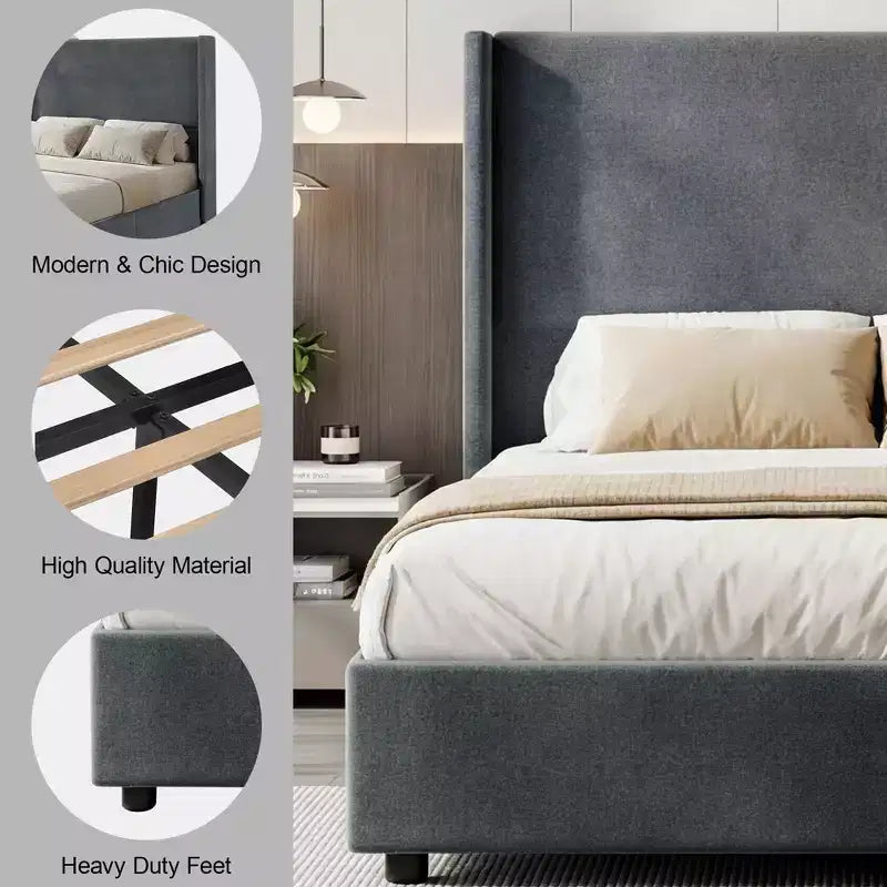 Lit plateforme capitonné avec tête de lit en lin de 55 pouces pour grand lit