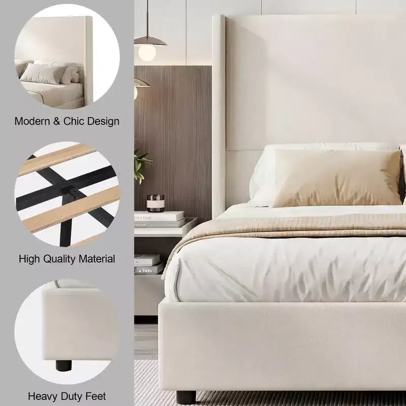 Cadre de lit Queen Size rembourré avec tête de lit en lin de 140 cm