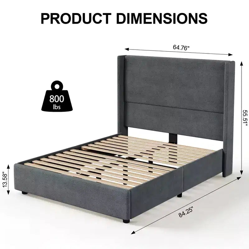 Lit plateforme capitonné avec tête de lit en lin de 55 pouces pour grand lit