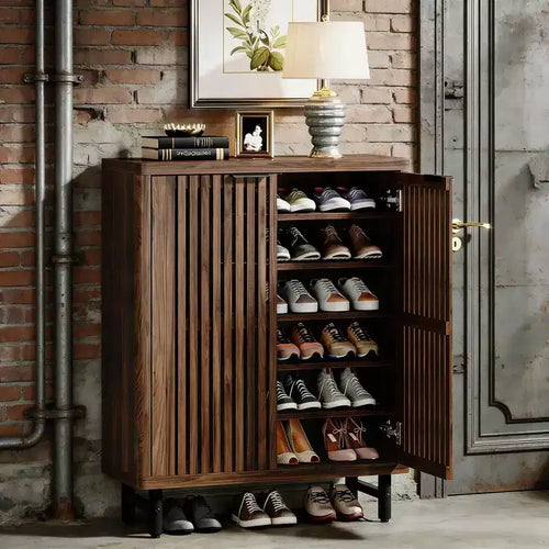 6-Tier Wooden Shoe Cabinet with Louvered Doors &amp; Adjustable Shelves