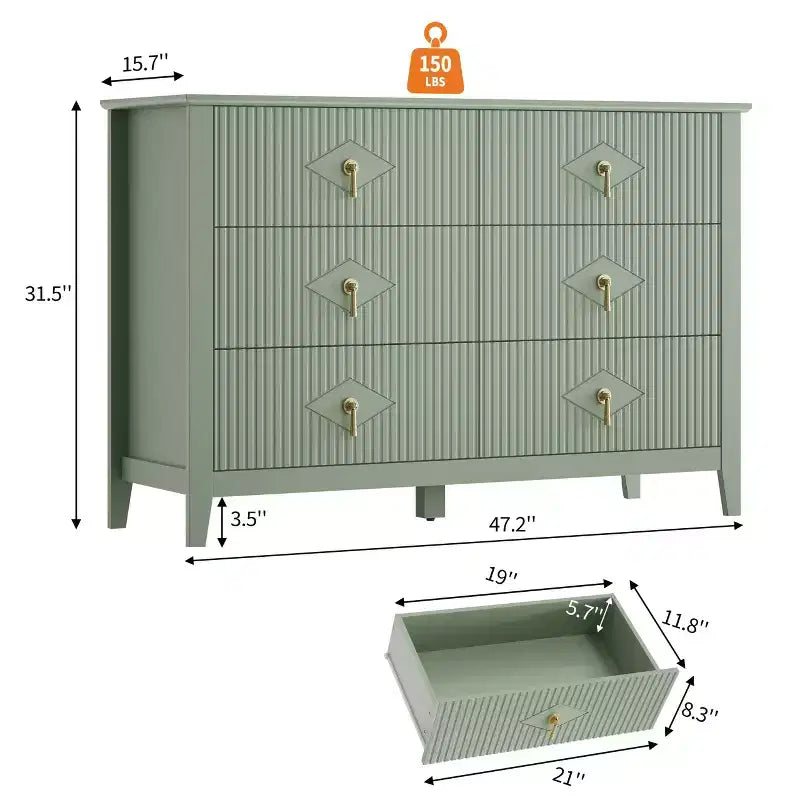 Commode 6 tiroirs, commode moderne avec poignées métalliques pour rangement de chambre, verte