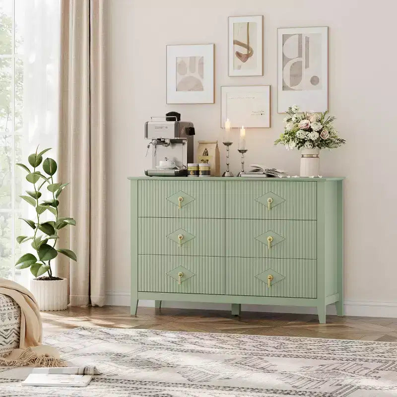 Commode à 6 tiroirs, commode moderne avec poignées en métal pour rangement de chambre à coucher, verte