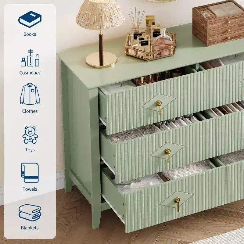 Commode 6 tiroirs, commode moderne avec poignées métalliques pour rangement de chambre, verte