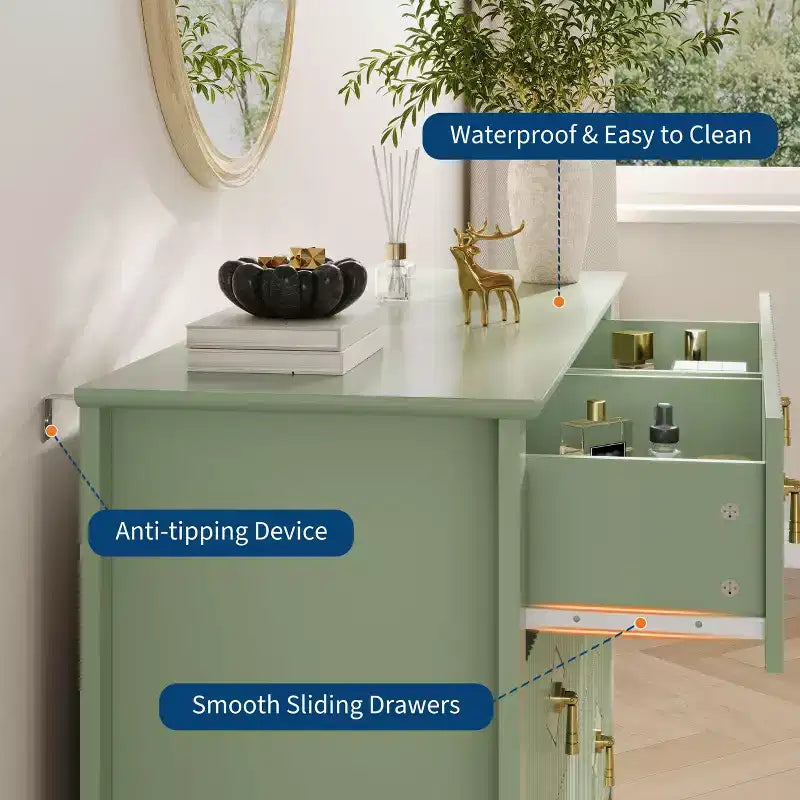 Commode 6 tiroirs, commode moderne avec poignées métalliques pour rangement de chambre, verte