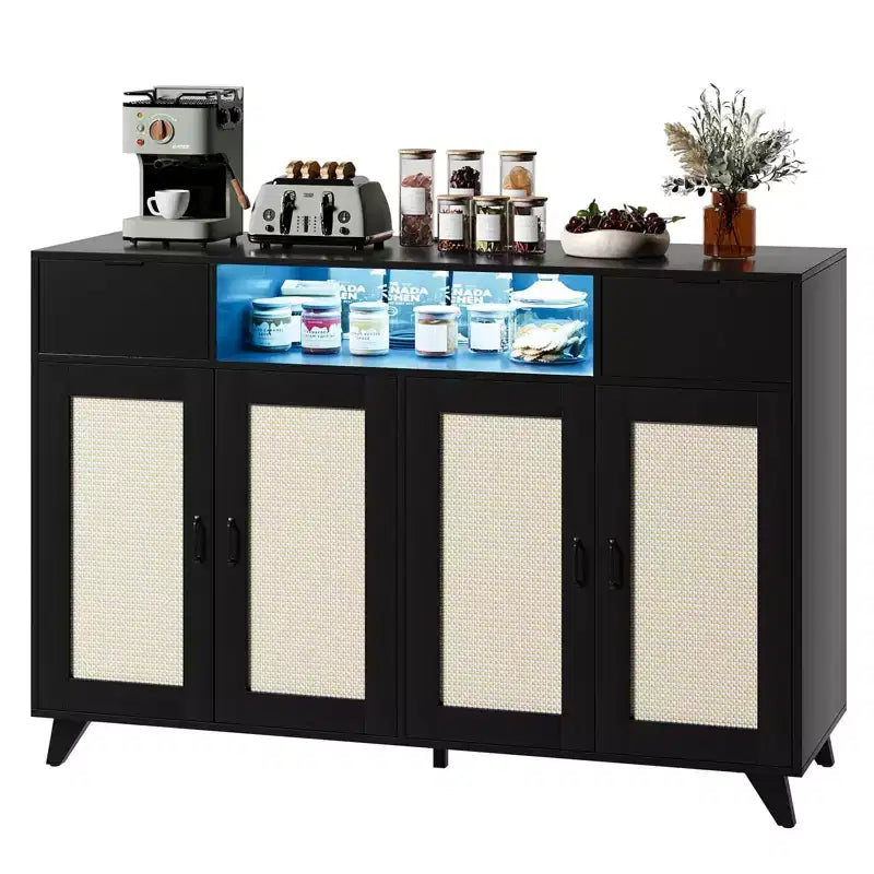 Rattan Cabinet Sideboard Buffet, with 2 Drawers, Power Outlet &amp; LED Lights for Dining Room, Black